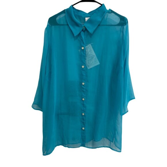 Roamans NWT Sheer Turquoise Button-Up Blouse Sz 1X Top Swim Cover Up - Picture 1 of 12